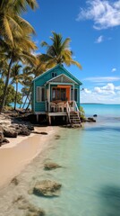 b'Beach hut on a tropical island with palm trees'