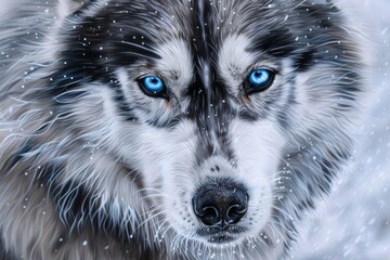 Majestic Siberian husky with striking blue eyes and fluffy coat, perfect for winter-themed designs