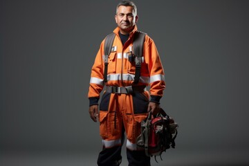 b'portrait of a firefighter in orange protective suit'