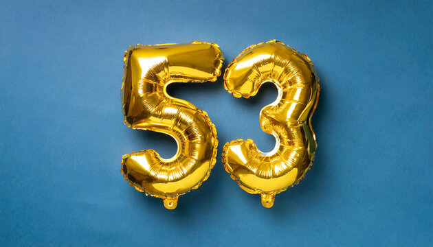 Banner with number 53 golden balloon. 53 years anniversary celebration. Bright blue background.