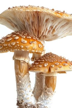 b'Three orange amanita mushrooms with white spots on their caps'