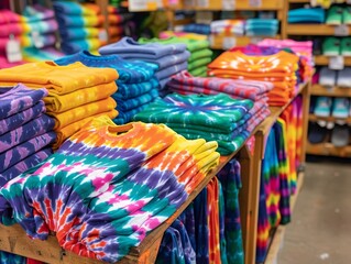 Stacks of tie-dye shirts in rainbow colors are for sale at a store.