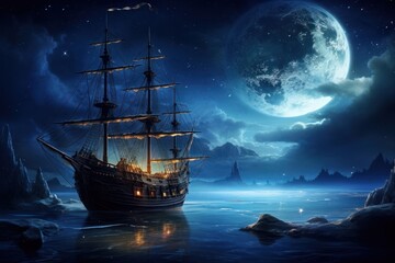 Fototapeta premium Pirate ship background night astronomy sailboat.