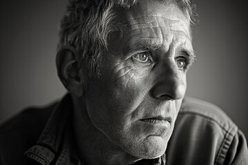 thoughtful middleaged man gazing into distance black and white portrait photograph