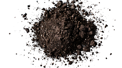 A pile of dark soil sits against a white background.