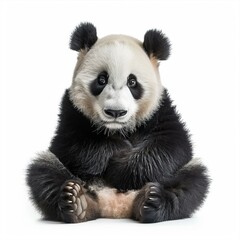 b'A cute panda bear sitting down with its paws in front of it'