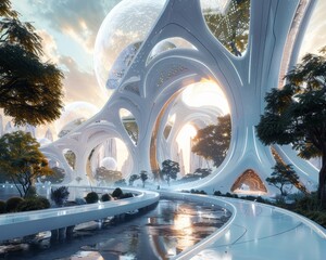 The image shows an beautiful futuristic city with white buildings and blue water.