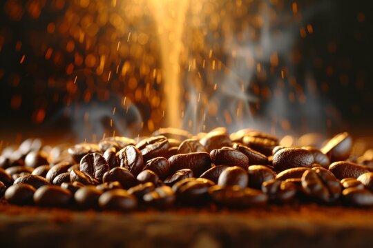 b'Coffee beans close up with smoke and light'