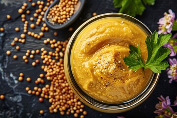 Indulge in the tangy aroma of mustard, its creamy consistency and golden hue captivating