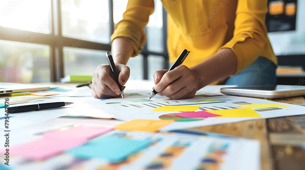 Wall mural marketing campaign underway as a person in a yellow shirt uses a black pen to write on a white pape