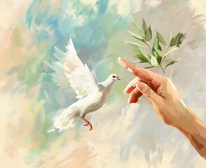 White Dove and Hand with olive leaf. Symbol of peace. Care and peace concept sign. Christian bird. Retro illustration.