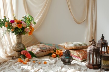 Moroccan-inspired decorations against a soft transparent white backdrop, evoking exotic vibes