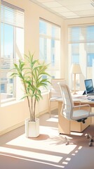 Fototapeta premium b'Sunlight filled home office with large windows and a potted plant'