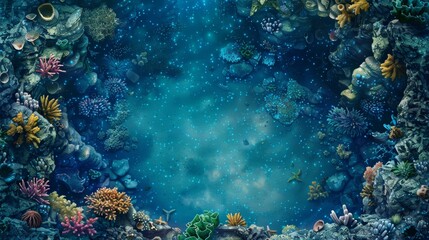 Naklejka na ściany i meble Undersea coral reef fantasy background with glowing particles