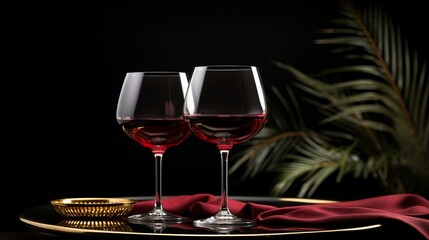 b'Two glasses of red wine on a table with a dark background' - obrazy, fototapety, plakaty