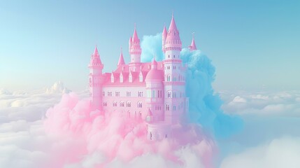 b'A beautiful pink castle floating in the sky'