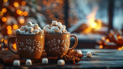 Two cups of hot chocolate with marshmallows on a wooden table against a blurry background of a fireplace and Christmas lights.