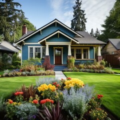 Fototapeta na wymiar b'Craftsman-Style Bungalow with Colorful Landscaping'