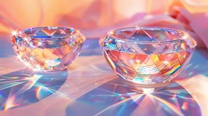Two diamond bowls sit on a reflective surface, casting rainbow-colored reflections. - obrazy, fototapety, plakaty
