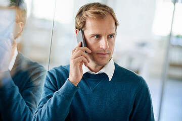 Man, thinking and planning in office with phone call to client with feedback on real estate...