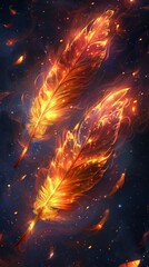 Two orange phoenix feathers floating through space