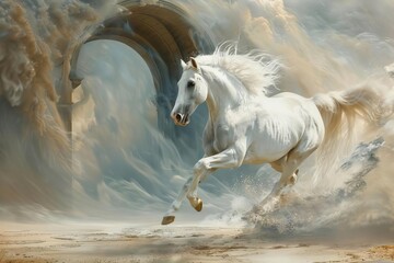 Obraz na płótnie Canvas majestic white stallion gallops through ancient archway in abstract futuristic landscape digital painting