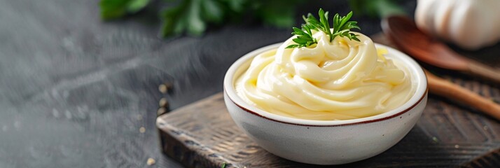 Delve into the creamy richness of liquid mayonnaise, its smooth texture and gentle aroma creating a sense of peace - obrazy, fototapety, plakaty
