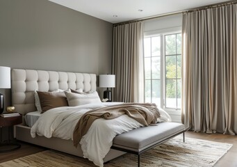 b'Elegant master bedroom with large windows and a tufted bed'
