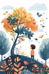 b'A boy looking at a tree with colorful leaves'