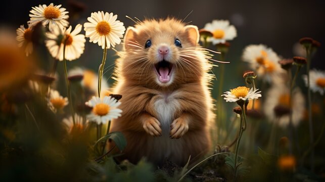 b'Surprised Hamster in a Field of Flowers'