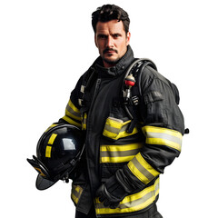 A firefighter in full gear holding a helmet under the arm, standing confidently, on a transparent background.
