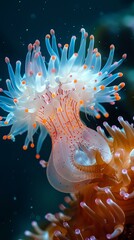 b'Underwater close up of a white and pink anemone with orange tentacles'