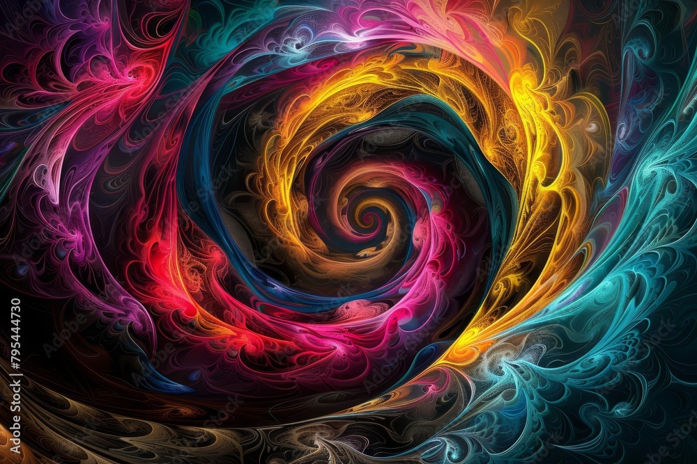 Wall mural mesmerizing fractal patterns in vivid colors on black background abstract digital art