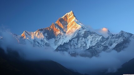 Fototapeta premium b'Majestic mountain landscape with snow capped peak at sunrise'
