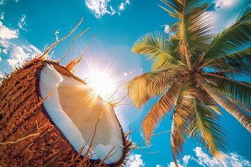 Tropical sunburst behind vibrant coconuts