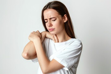 Fototapeta premium Woman with pain in shoulder, upper arm. Human body health problem banner. Female person is enduring awful ache. Upset lady with muscle, nerve pain symptoms holding a hand on painful zone injured point