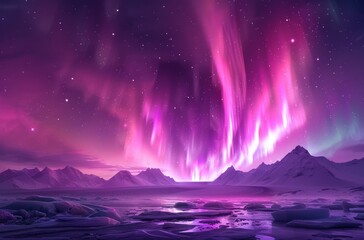 Naklejka premium A beautiful purple sky with auroras and stars. The sky is filled with a sense of wonder and awe