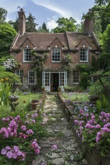 Fototapeta na wymiar b'English country cottage with garden in bloom'