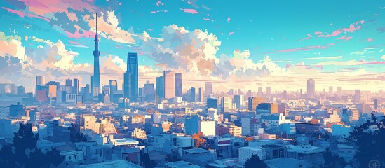 A wide shot of the cityscape, colorful sky with clouds, pink and blue hues