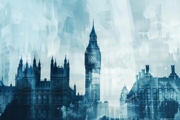 minimalist london cityscape with big ben double exposure contemporary collage illustration