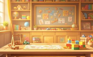 A wooden table with building blocks on it in the foreground, and children's toys such as board games and books behind