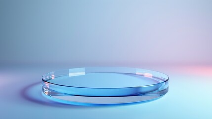 3D rendering of an empty glass petri dish on a blue background with colored lighting.