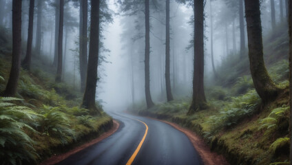 Enigmatic Journey, A Straight Road Winding Through the Mystical Depths of a Foggy Forest.