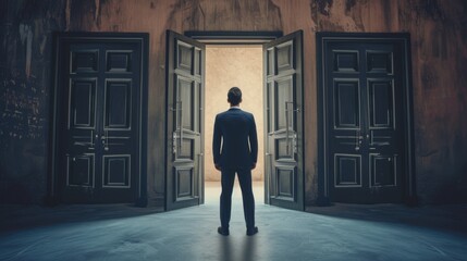 Businessman stands in a wide doorway