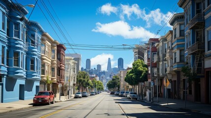 b'A wide street with colorful houses and a clear blue sky'