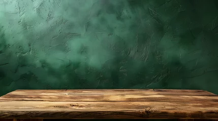 Poster An empty wooden table with green background, representing simplicity and tranquility. Perfect for interior design inspiration or minimalistic lifestyle blogs. © NE97