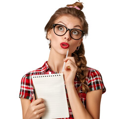 A journalist with a notepad, looking inquisitive and ready to write, on a transparent background