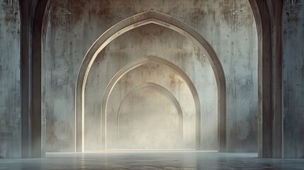 A long concrete hallway with arches