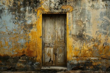 Fototapeta na wymiar mysterious ancient portal with golden accents on weathered concrete wall abstract background
