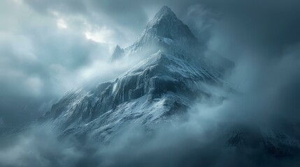 b'A majestic snow capped mountain peak rising above the clouds'